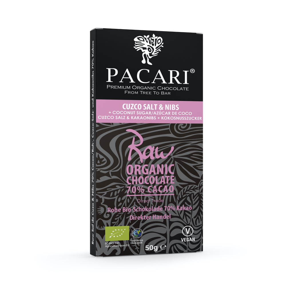 Raw Cuzco Pink Salt - Cacao Nibs and Coconut Sugar, organic, palm oil free, soy free, gluten free, kosher and fair trade certified. 
