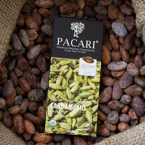 Cardamom chocolate bar, organic, vegan, palm oil free, soy free, gluten free, kosher. 