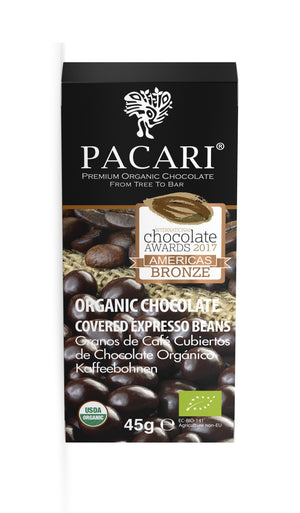 Organic Chocolate Covered espresso coffee beans, organic, vegan, fair trade, palm oil free, soy free, gluten free, kosher.
