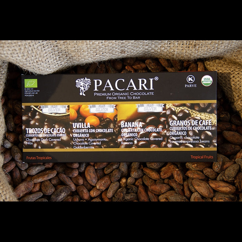 Pacari Chocolate Tropical Fruits Gift Set. Organic, vegan, palm oil free, soy free, gluten free, kosher.